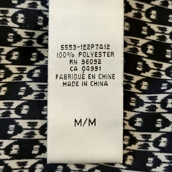 Dalia Collection Navy Blue Patterned Split Neck 3/4 Sleeve Chiffon Blouse Size M - Picture 9 of 10